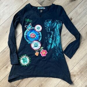 DESIGUAL Girl's Tunic Top Long Sleeve Embroidered Dragonfly Applique